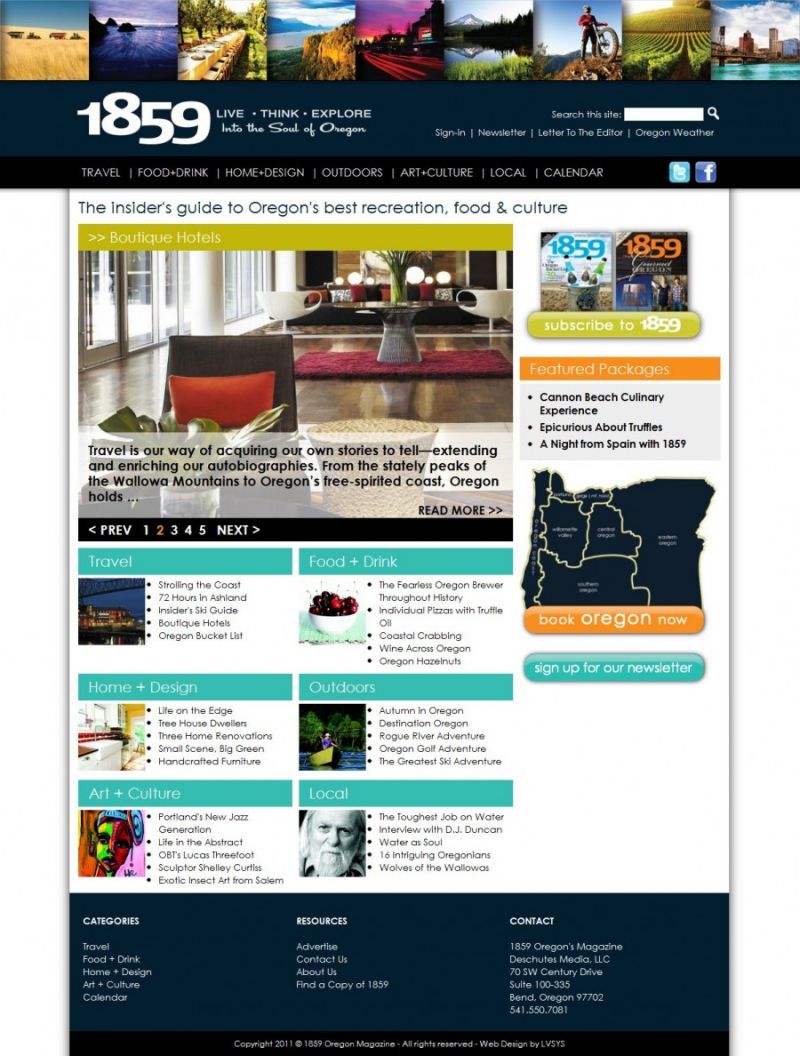 the home page, featuring slideshows, categories and access to travel portal
